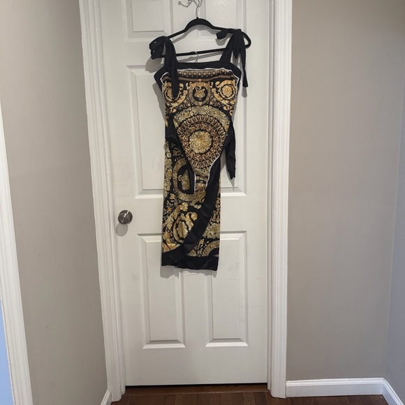 Black and Gold Baroque-Print One-Piece Swimsuit with Tie Straps - Picture 12 of 14